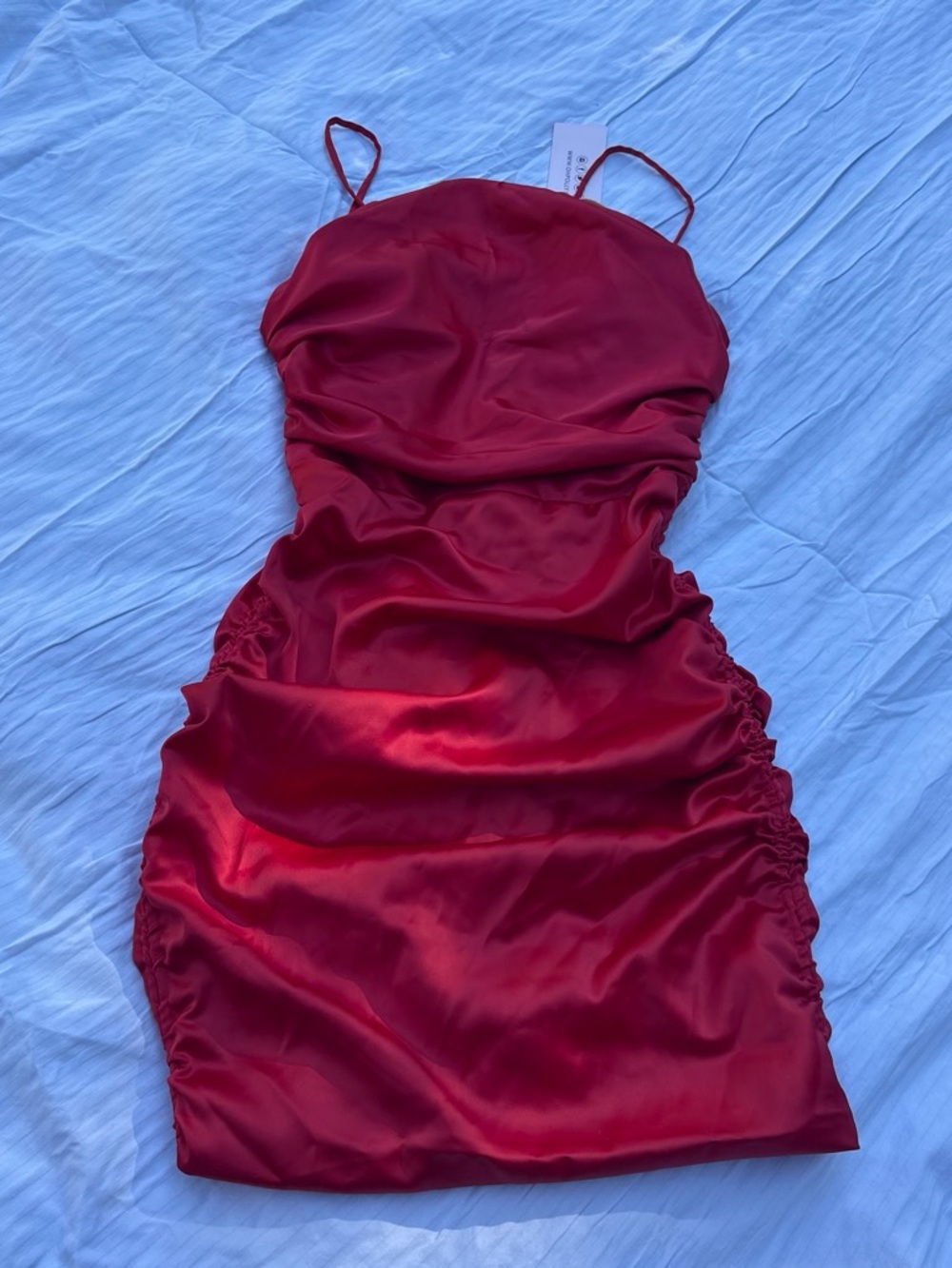 Red Satin Ruched Dress - Oh Polly